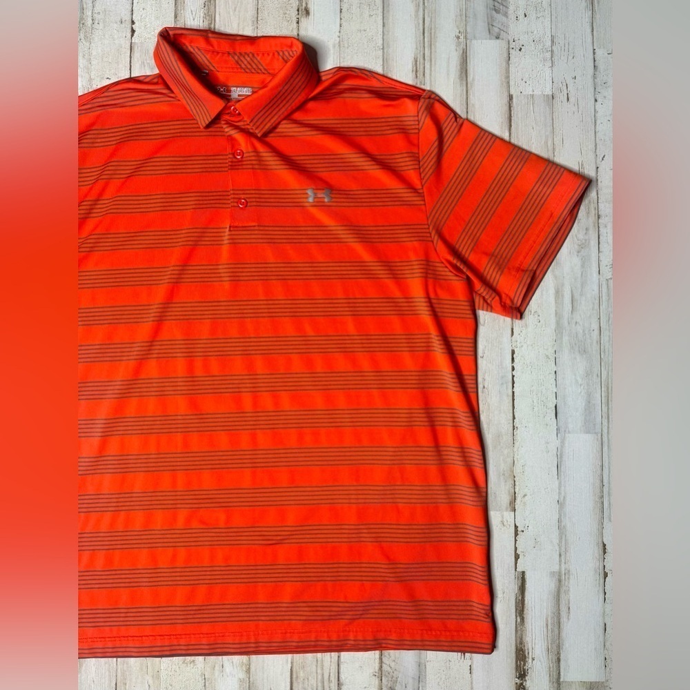 Under Armour Polo Shirt Mens 2XL Orange Performance Loose Heatgear Stripe - Picture 2 of 9